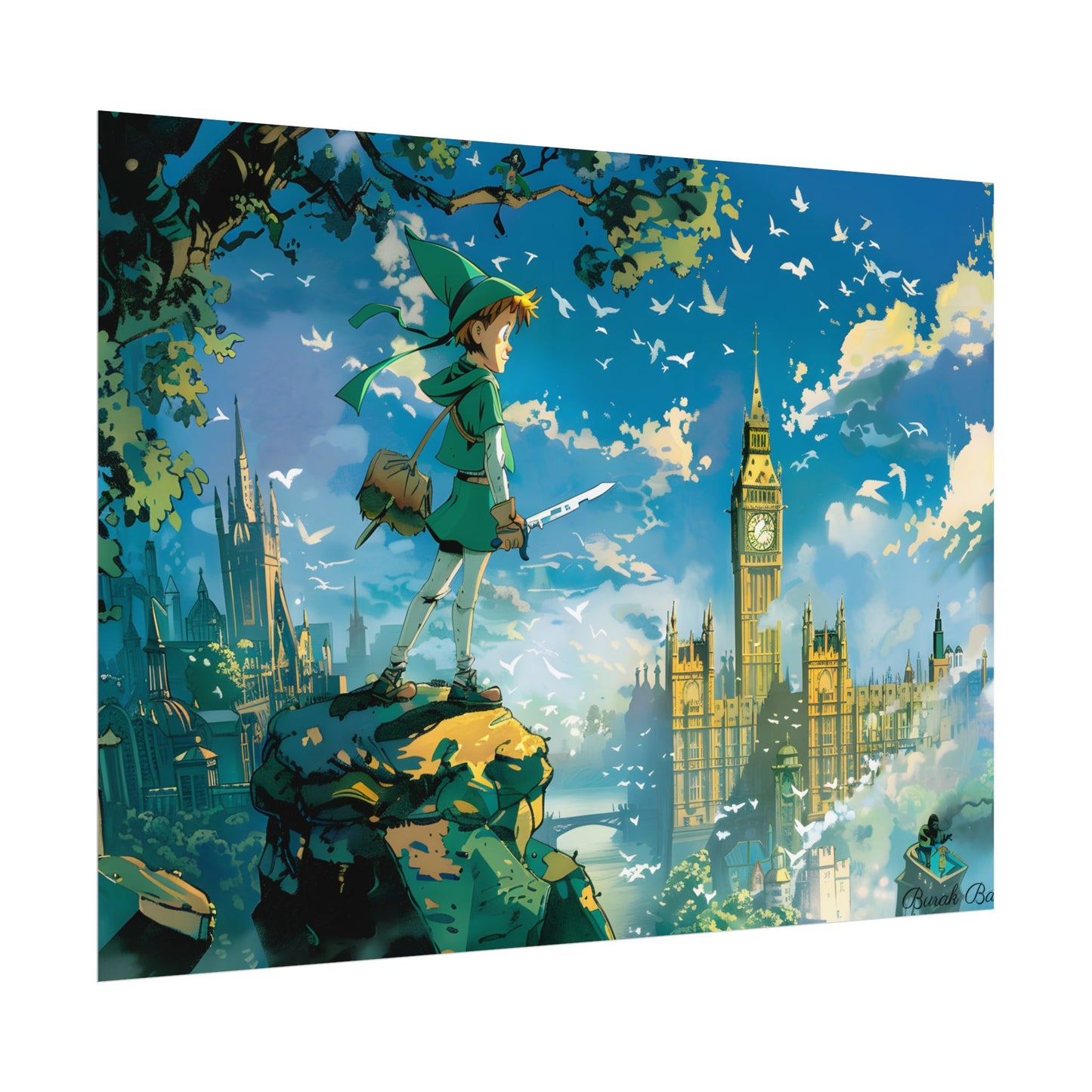 Whimsical Boy in Green: Colorful Illustration Artwork - Poster