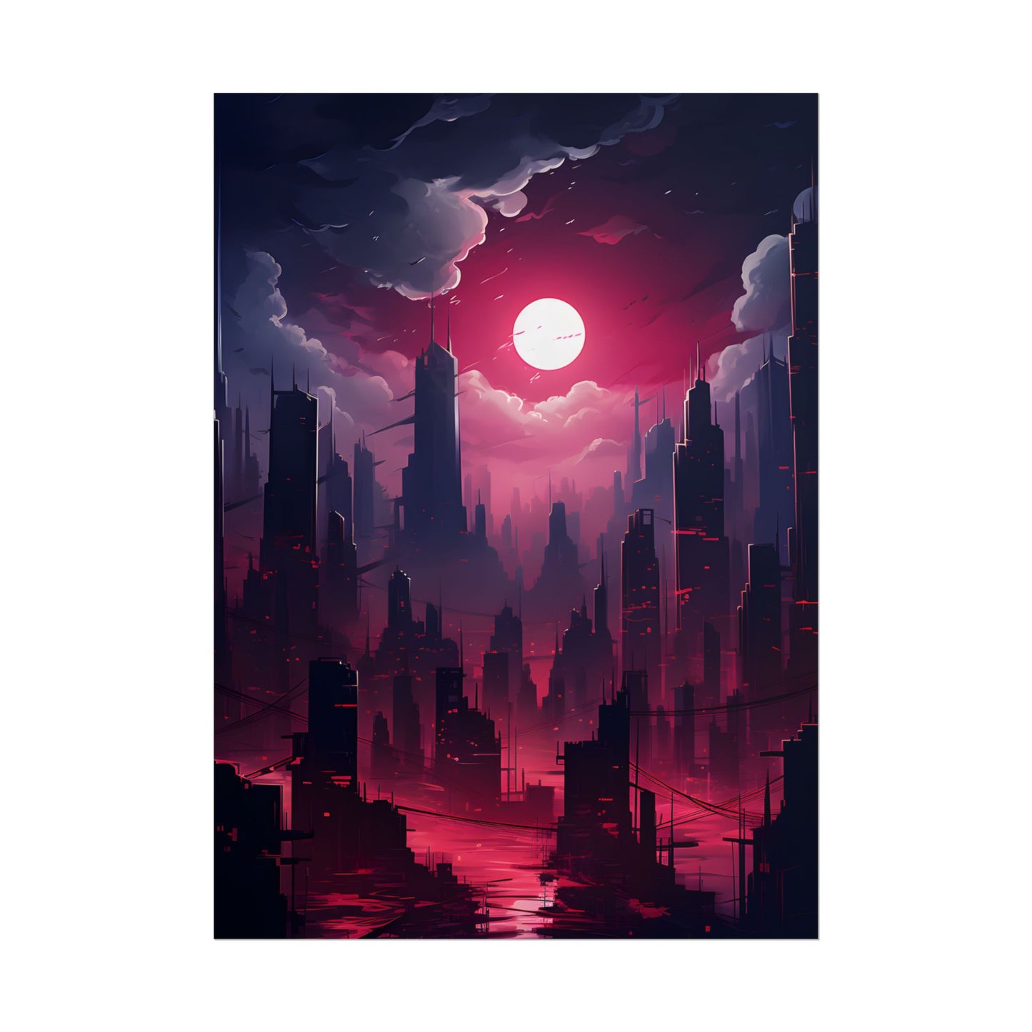Burning Cyberpunk Cityscape: Digital Artwork at Night - Poster