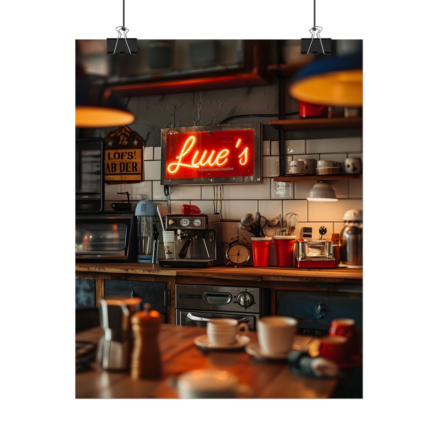Cozy Retro Kitchen Artwork: Lukes Diner Sign Digital Art - Poster