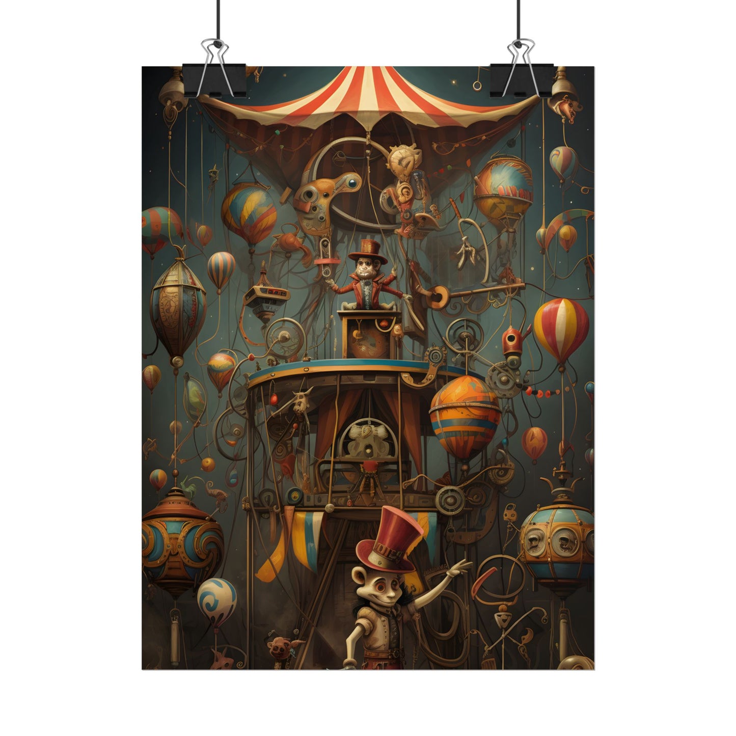 Whimsical Clockwork Circus: Fantastical Wooden Horse in Steampunk Dreamscape - Poster