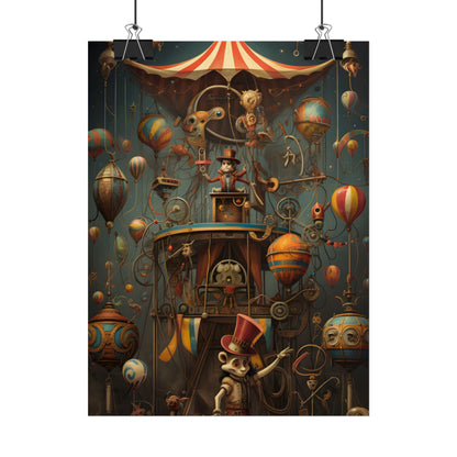 Whimsical Clockwork Circus: Fantastical Wooden Horse in Steampunk Dreamscape - Poster
