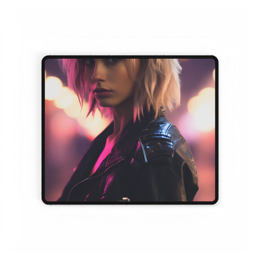 Neon-Lit Teenage Rebellion: A Cyberpunk Close-Up Digital Artwork - Desk Mat