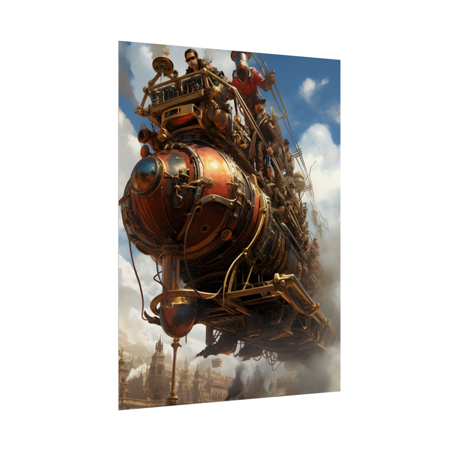 Thrilling Steampunk Sky-Liner: Racing Steam Locomotive on Colum - Poster