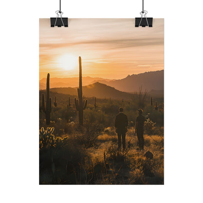 Desert Sunset Serenity: Two Friends Standing Together - Poster