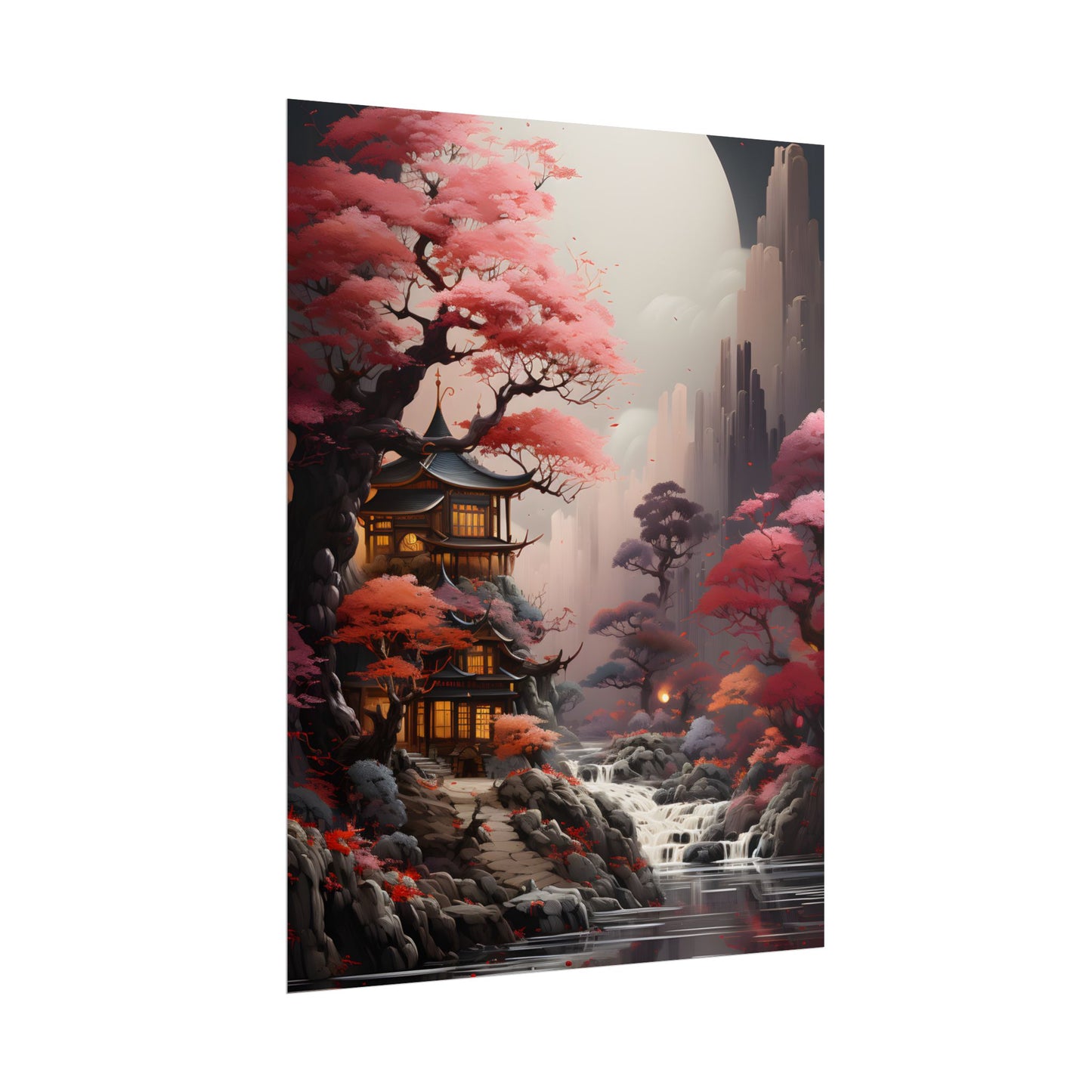 Landscape Masterpiece in Ash Magenta and Moss Green: Serene Nature Artwork - Poster