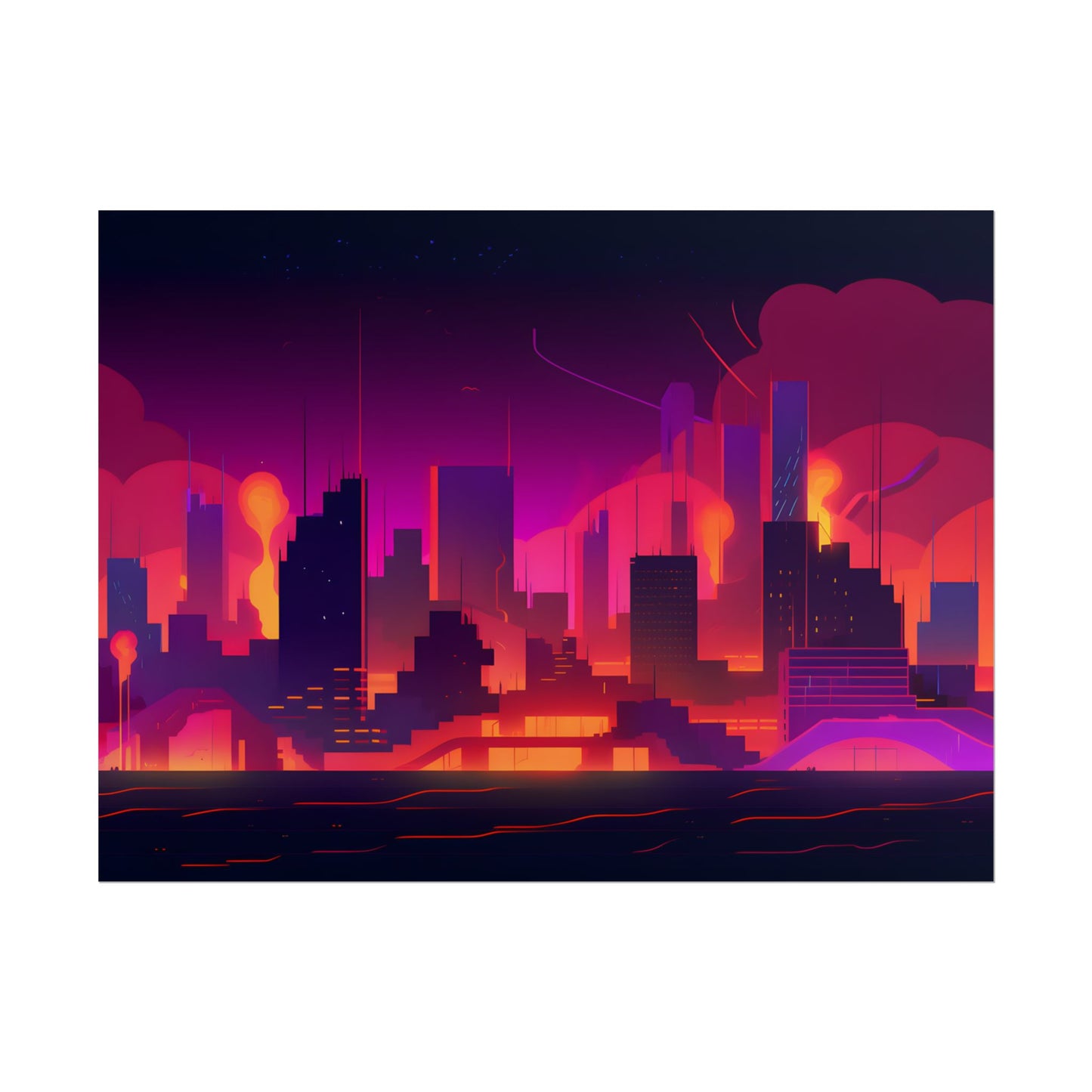 Burning Cyberpunk Cityscape: Nighttime Digital Artwork - Poster
