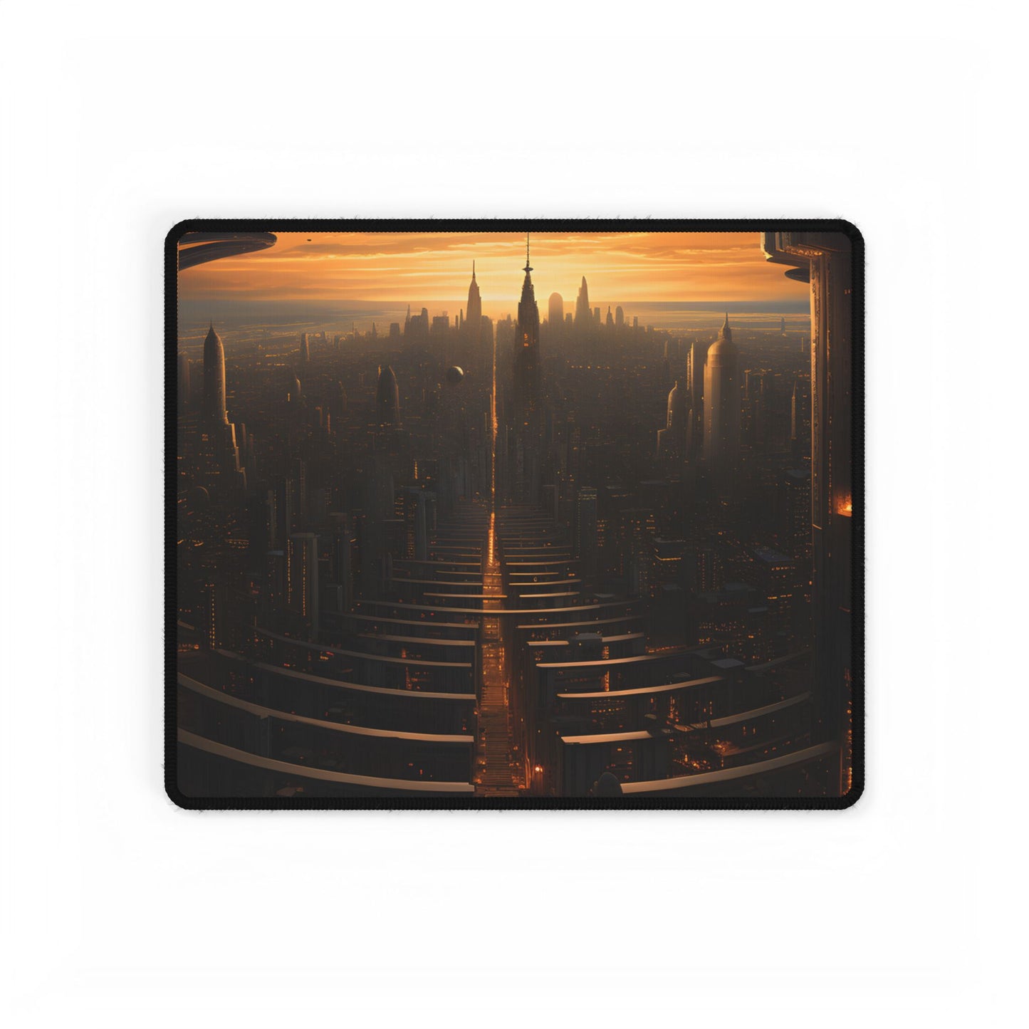 Dystopian Utopia: Futuristic Cityscape with Dark Facade - Desk Mat