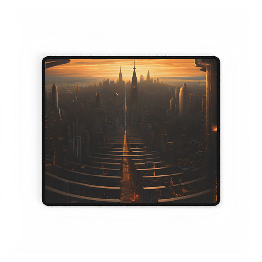Dystopian Utopia: Futuristic Cityscape with Dark Facade - Desk Mat