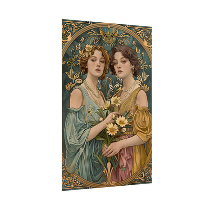Two Women in Ornate Attire Holding Primr: Traditional Turkish Artwork - Poster