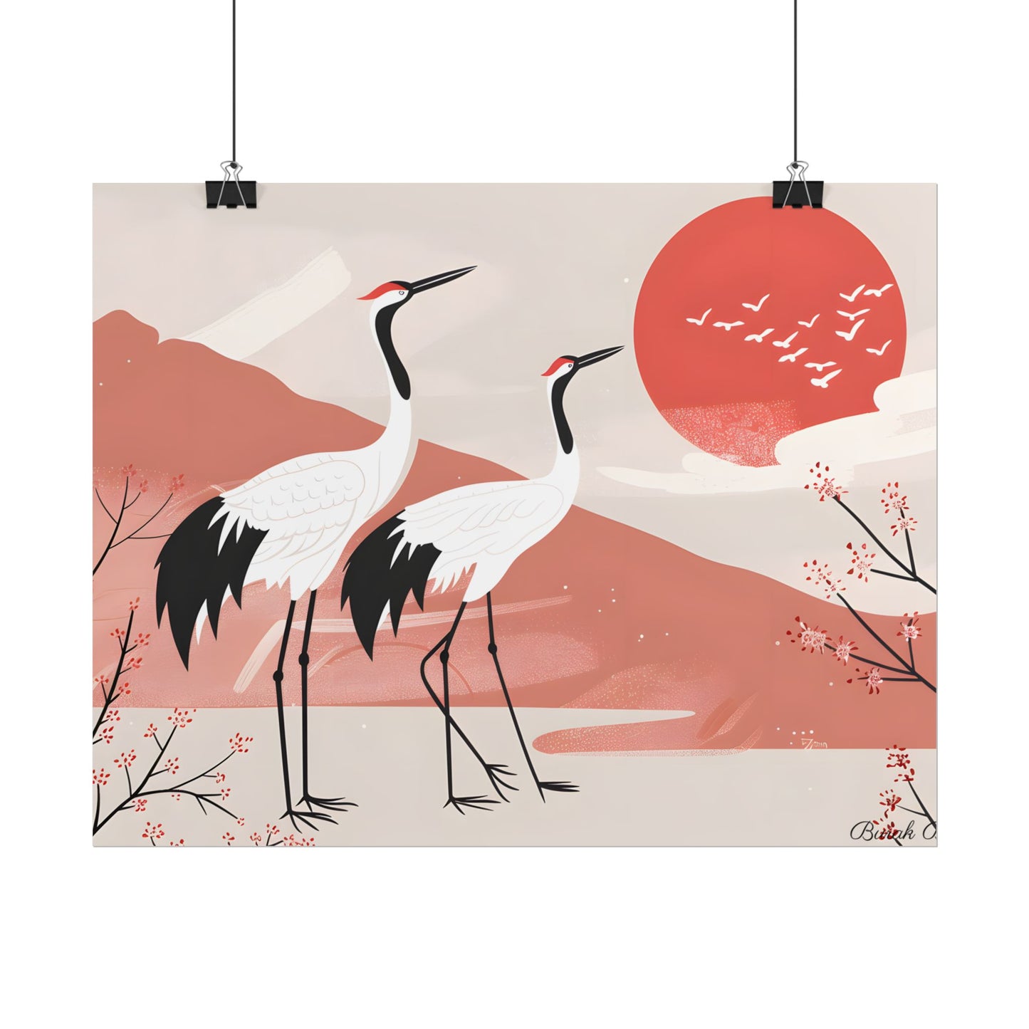Serene Landscape with Cranes: Peaceful Nature Art - Poster