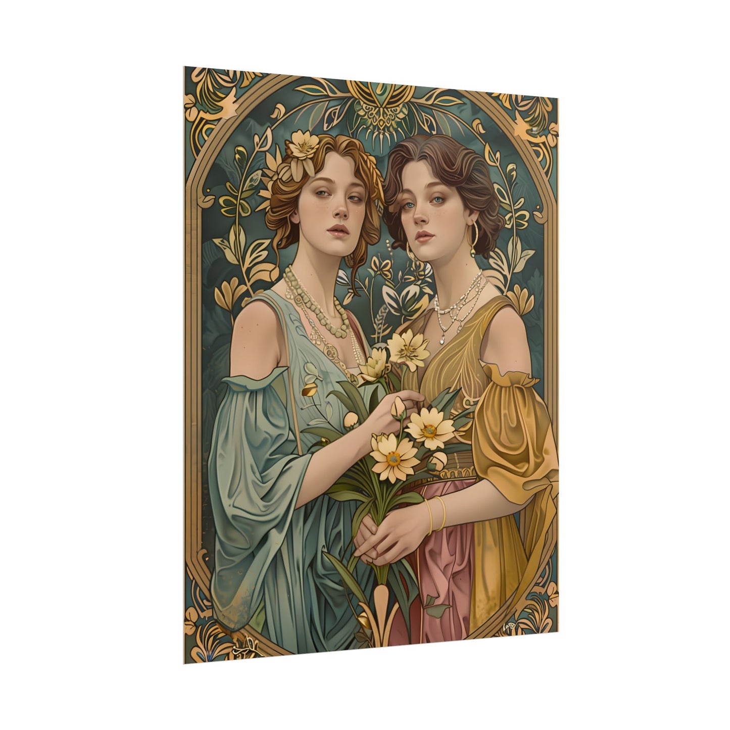 Two Women in Ornate Attire Holding Primr: Traditional Turkish Artwork - Poster