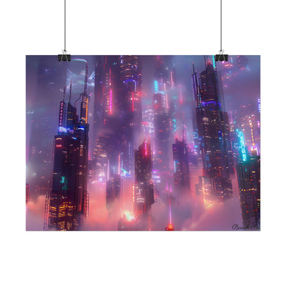 Neon Futuristic Cityscape: Graphic Modern Art - Poster