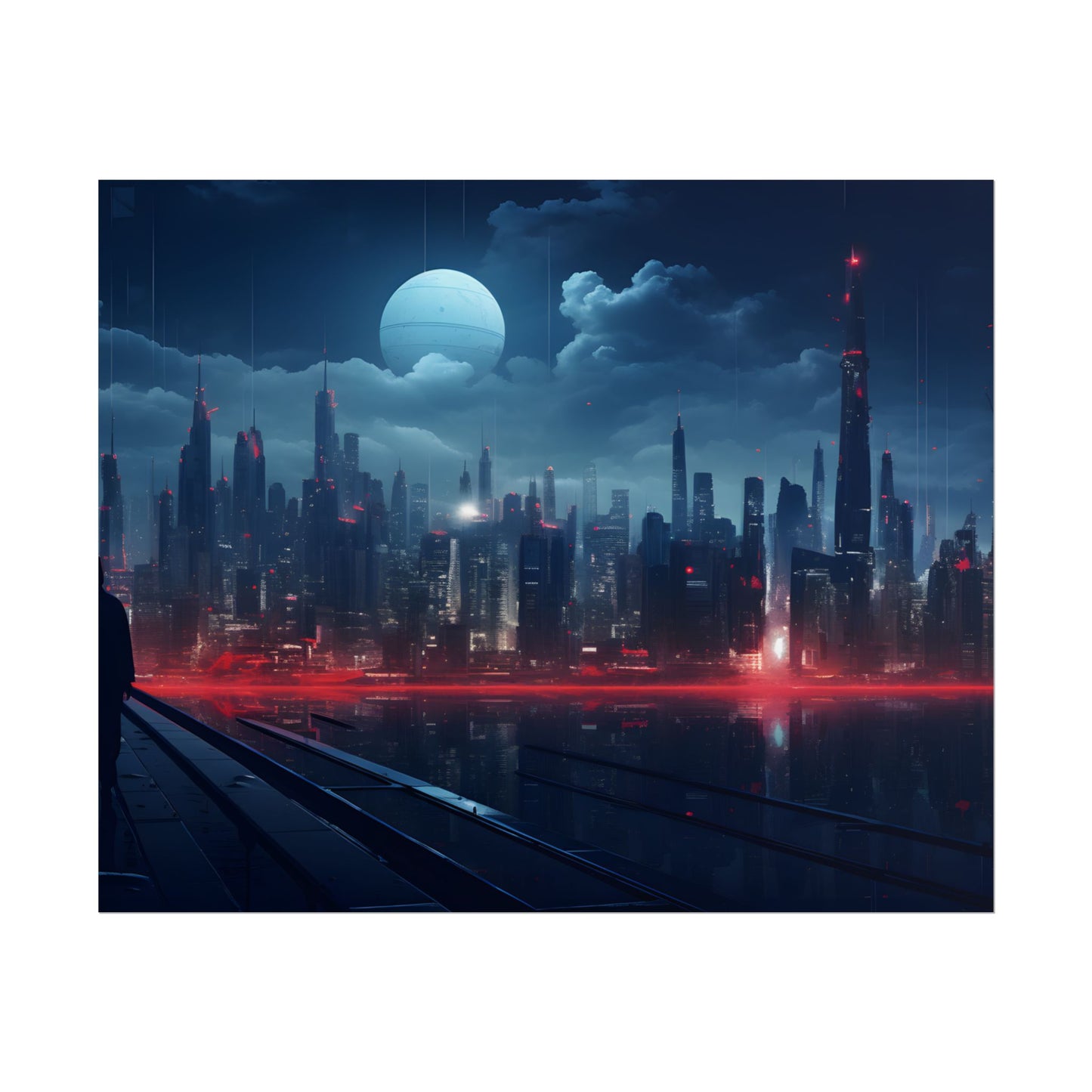 Melancholic Night: A Solo Figure in Cyberpunk Cityscape - Poster