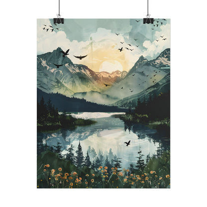 Serene Mountain Lake: Birds in Flight - Natural Art - Poster