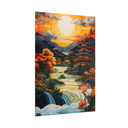 Peaceful Japanese River Landscape with Flowers: Serene Artwork - Poster