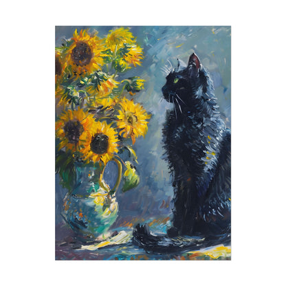 Whimsical Black Cat by Sunflowers: Serene Garden Art - Poster