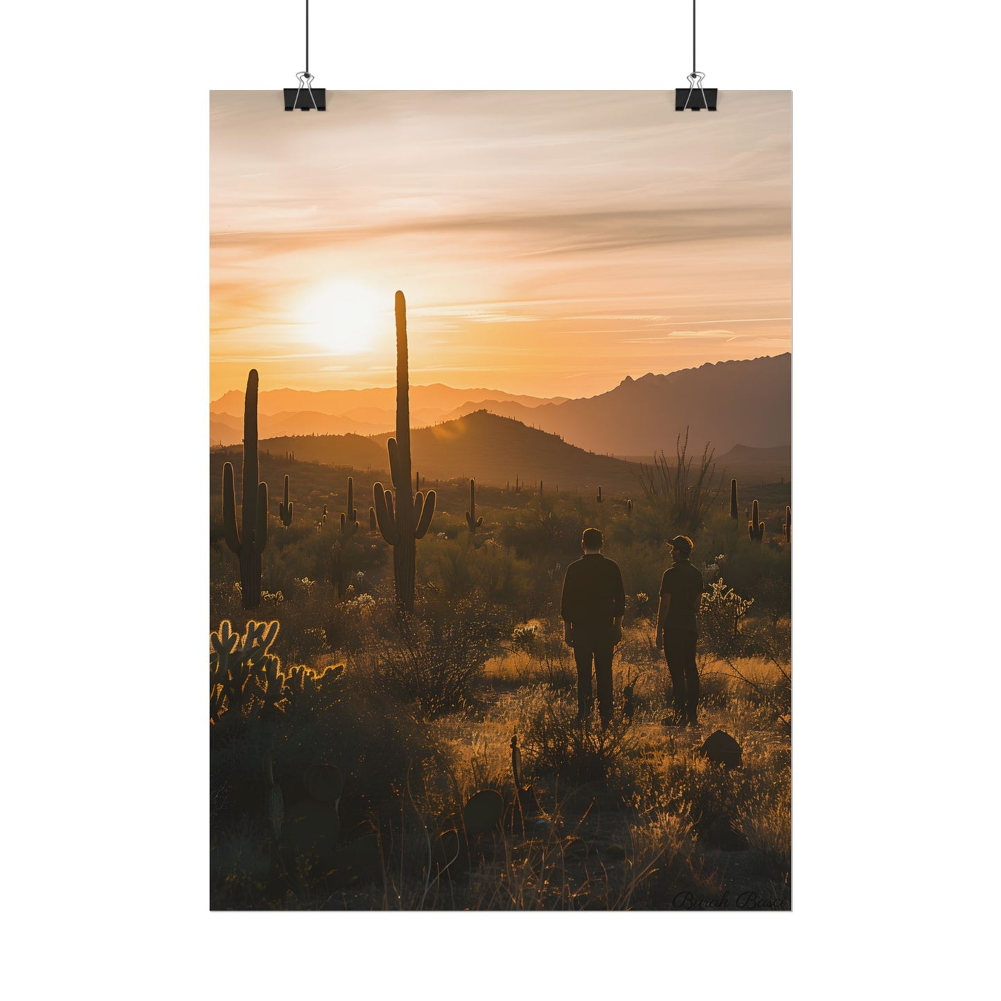 Desert Sunset Serenity: Two Friends Standing Together - Poster