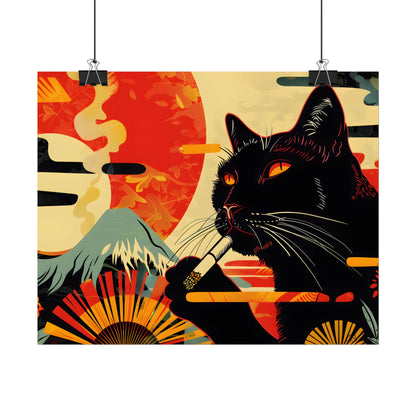 Whimsical Cat Smoking: Red & White Stripe Artwork - Poster