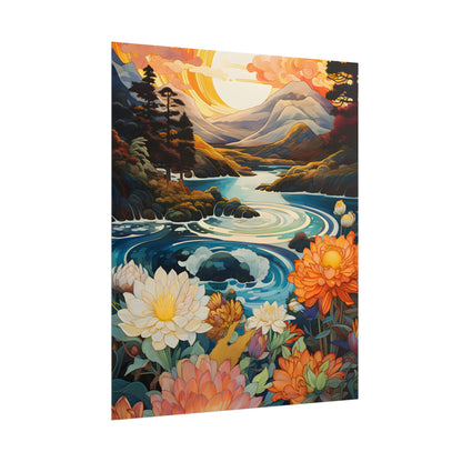 Peaceful River Landscape: Flowers Blooming - Poster