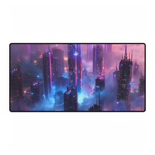 Futuristic City Night: Neon Lights Digital Artwork - Desk Mat