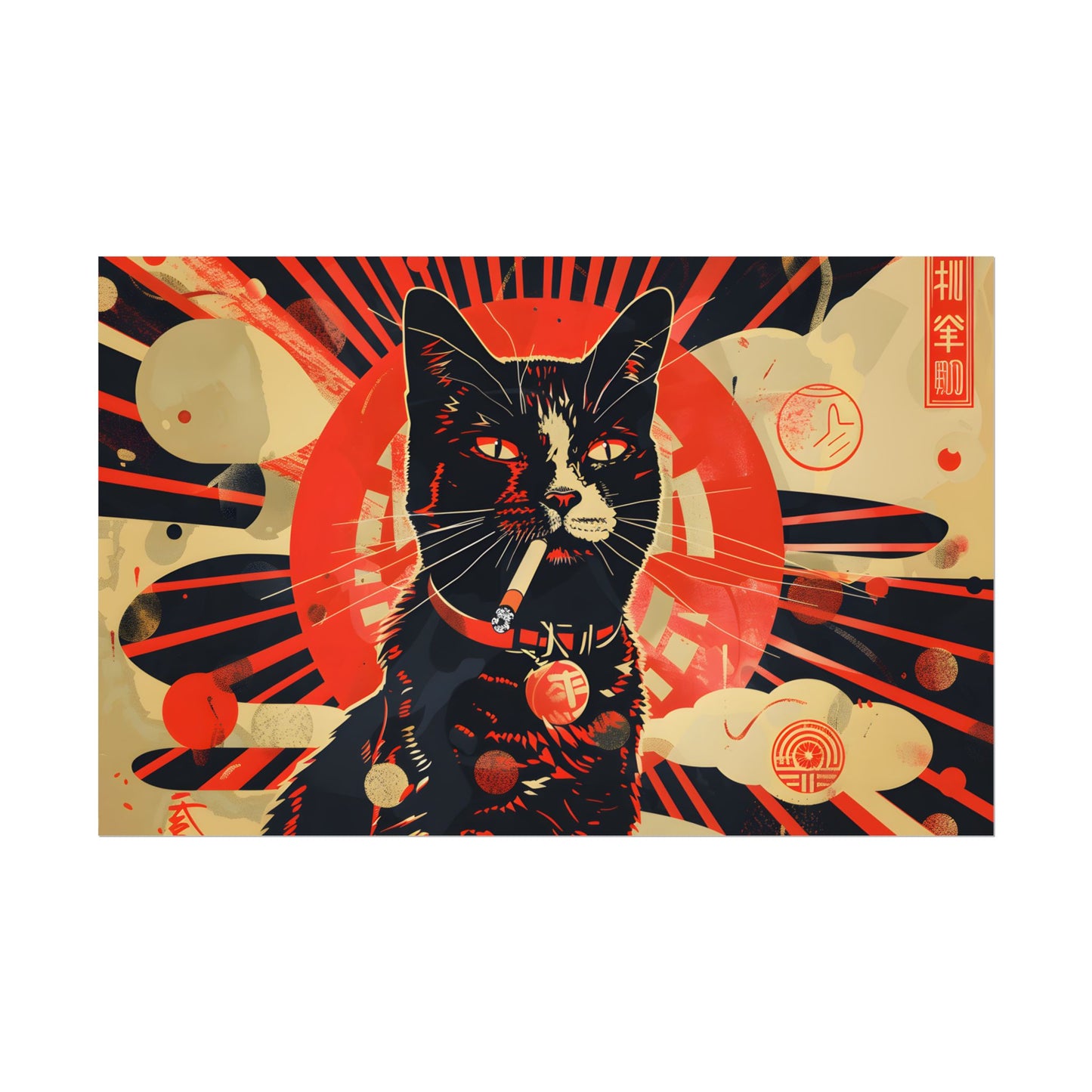 Vintage Whimsy: Cat Smokes Cigarette on Blue Background - Poster