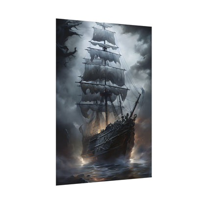 Ghostly Pirate Sails: Abandoned Ship at Sea - Poster