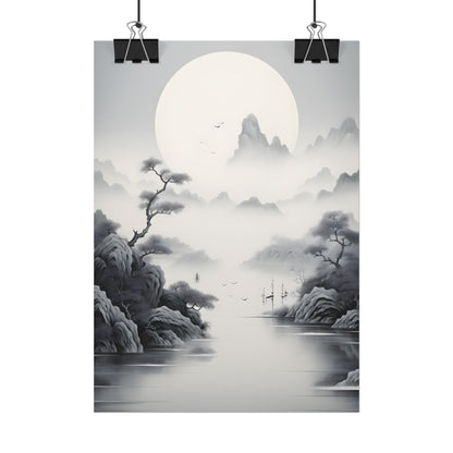 Chinese Ink Mirror Landscape: Serene Artwork - Poster