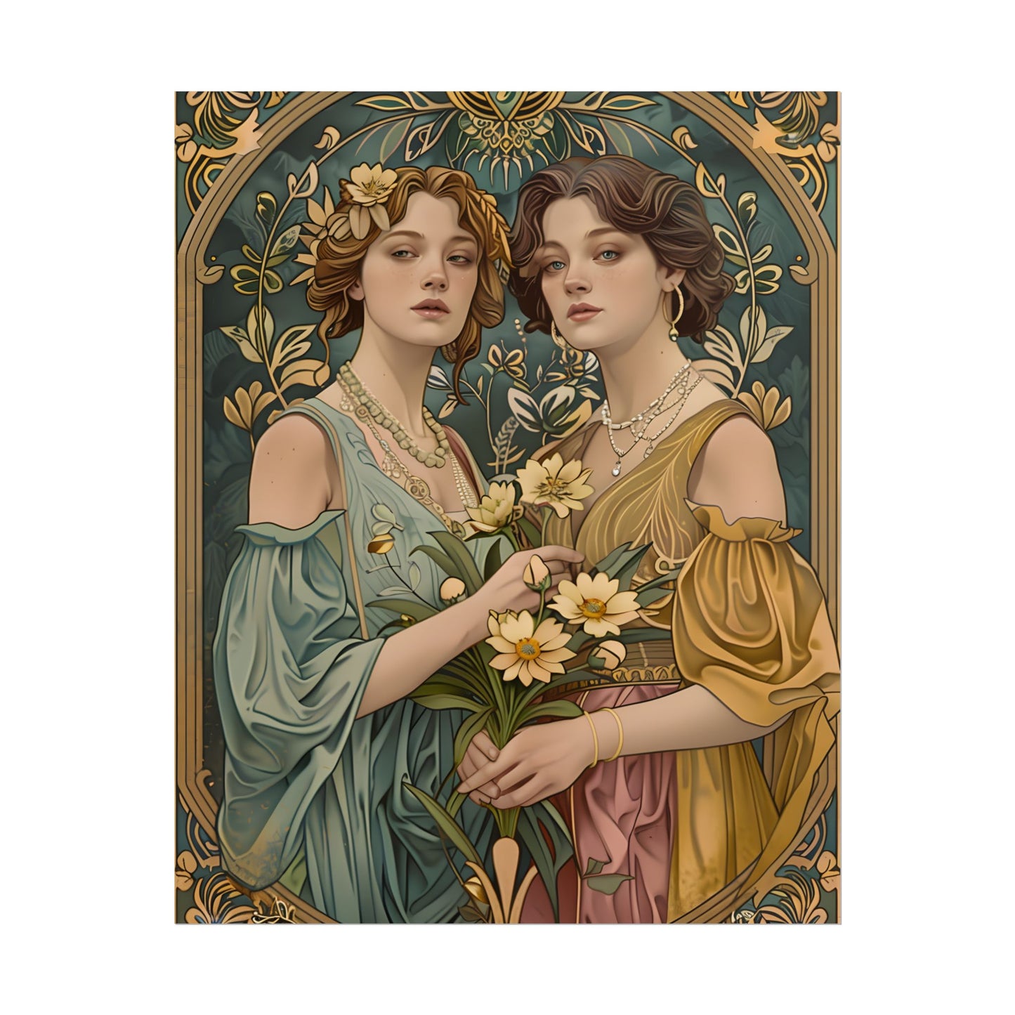 Two Women in Ornate Attire Holding Primr: Traditional Turkish Artwork - Poster