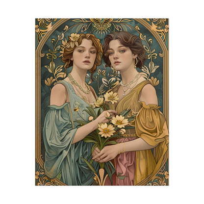 Two Women in Ornate Attire Holding Primr: Traditional Turkish Artwork - Poster