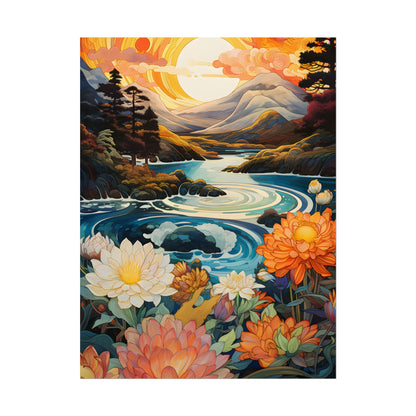 Peaceful River Landscape: Flowers Blooming - Poster