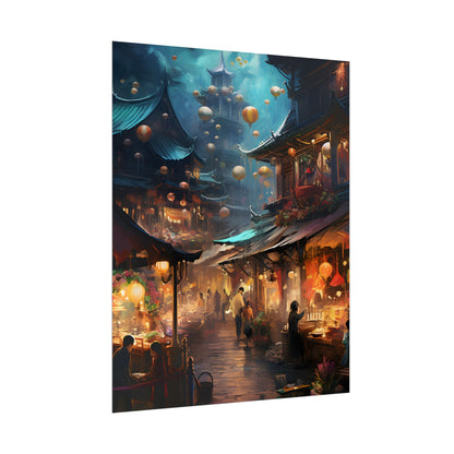 Enchanted Street Food Market: Vibrant Evening Artwork - Poster
