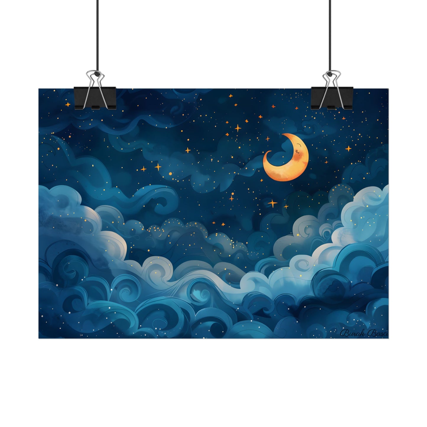 Surreal Night Sky Dreamscape: Whimsical Stars and Clouds Art - Poster