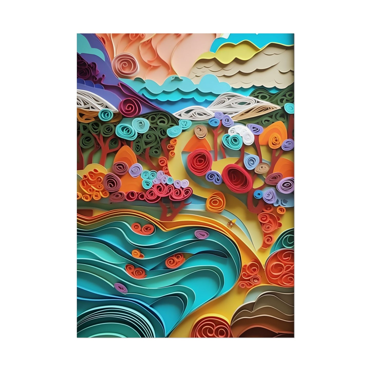 Paper Quilled Beach Bliss: Artistic Coastal Landscape - Poster