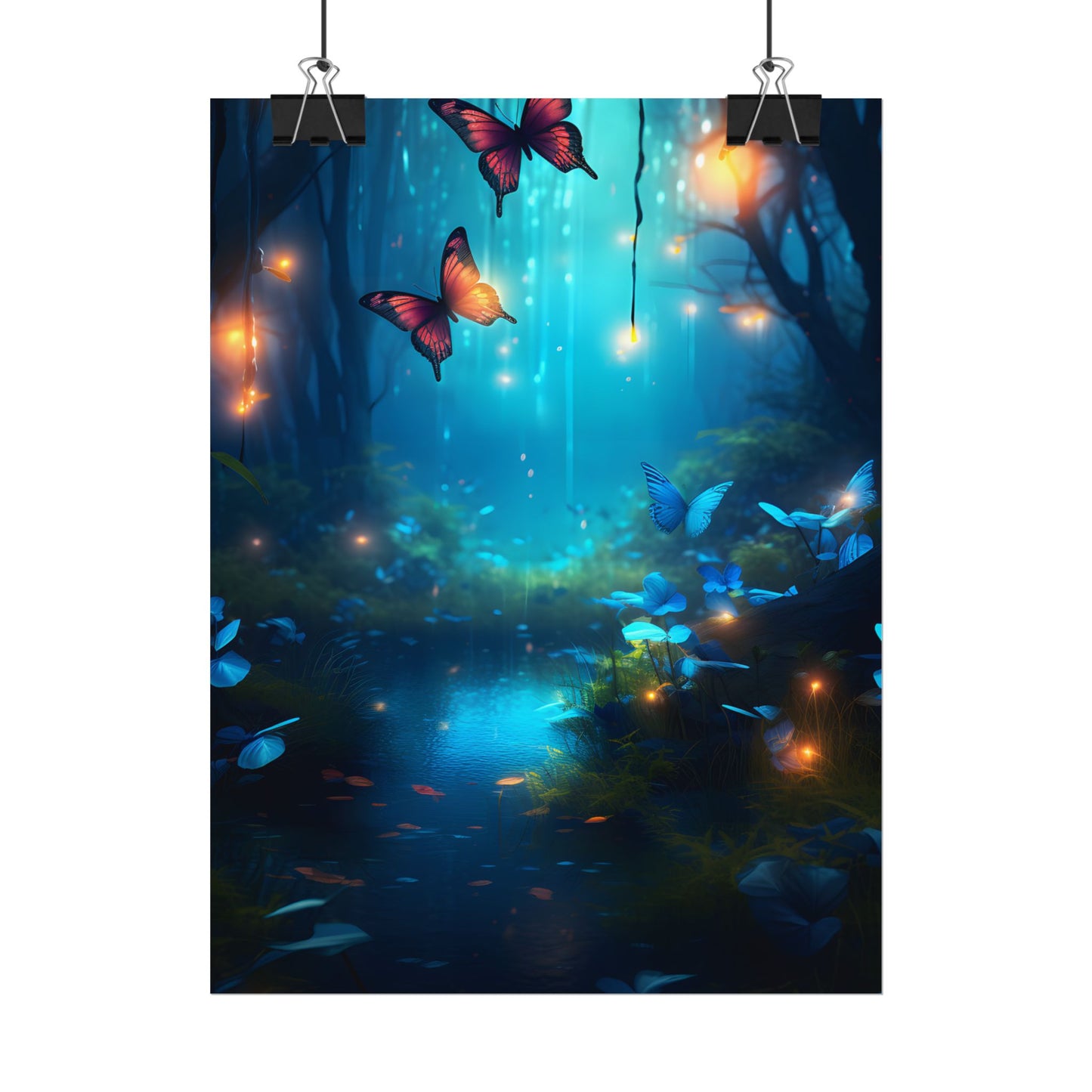Moonlit Night Forest: Glowing Foggy Fantasy Bokeh Art - Poster