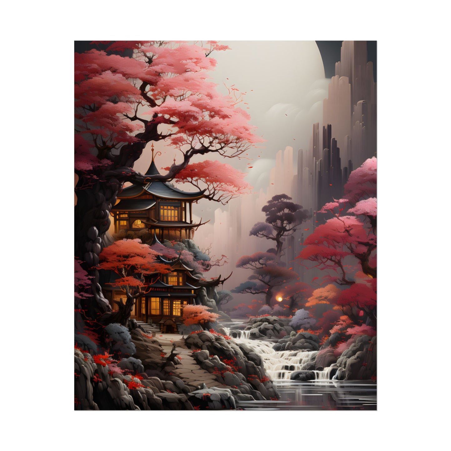 Landscape Masterpiece in Ash Magenta and Moss Green: Serene Nature Artwork - Poster