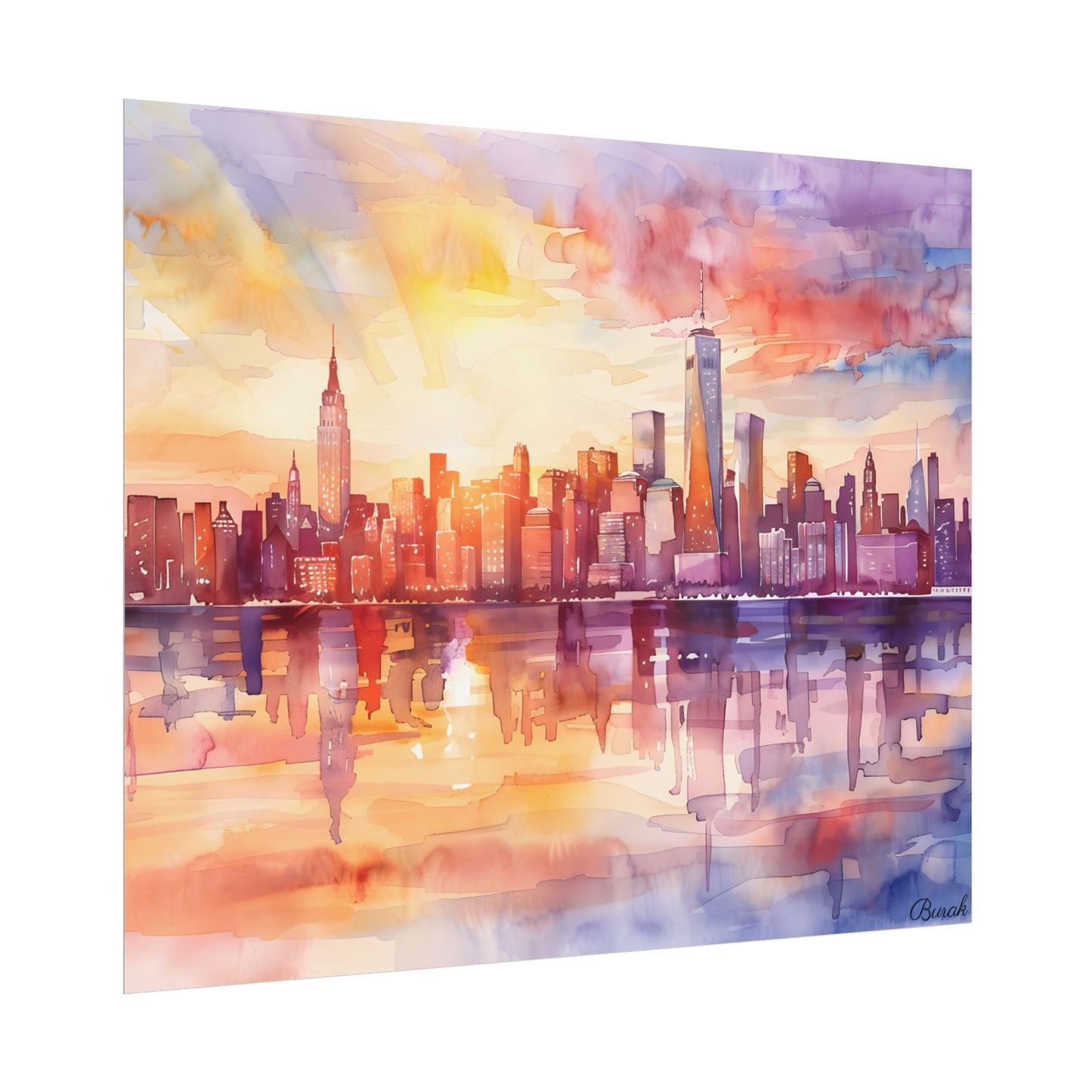 Watercolor Sunset New York City Skyline: Beautiful Artwork - Poster