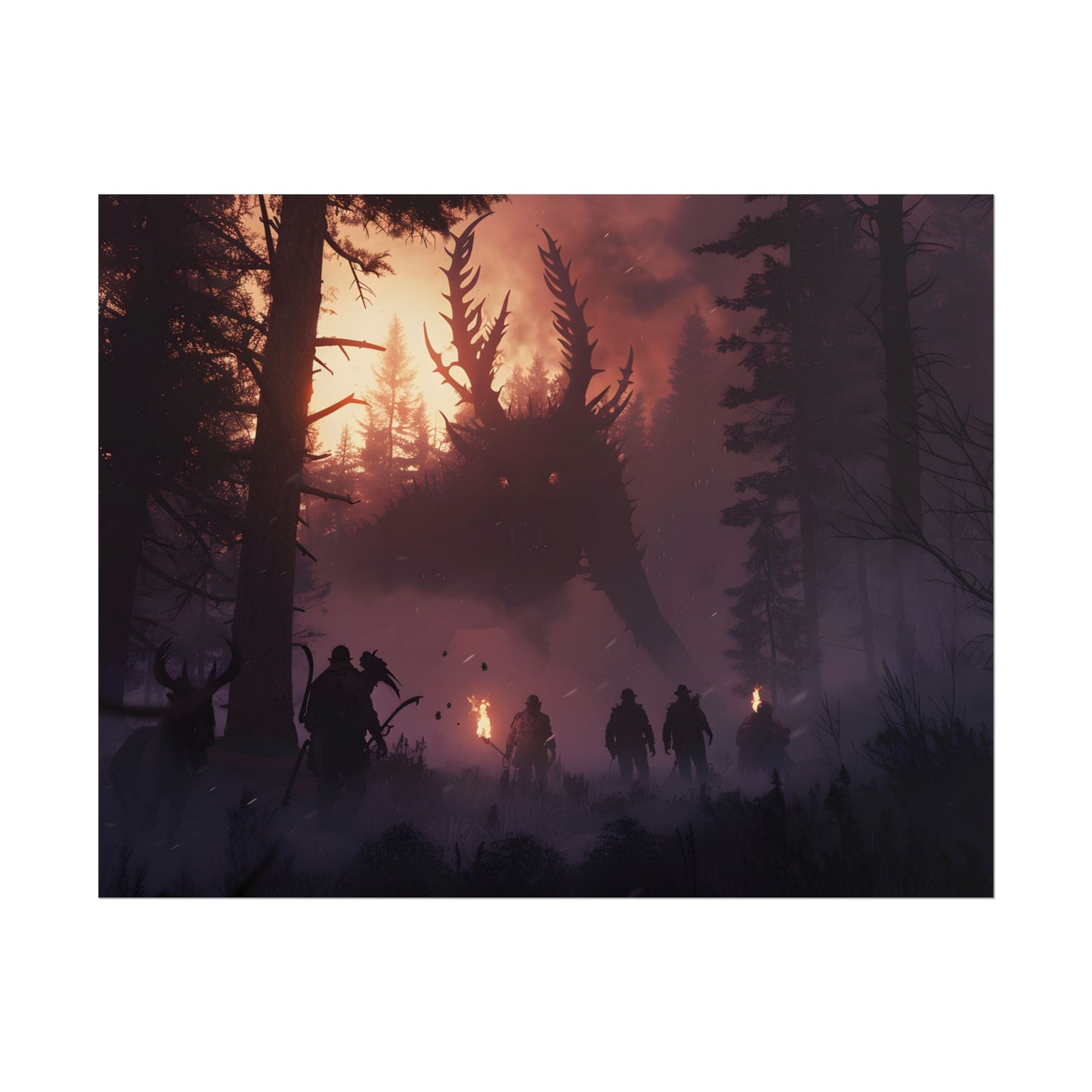 Serene Forest Sunset: Group Walking Through Misty Landscape - Poster
