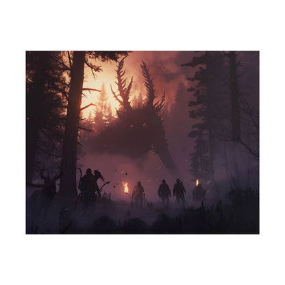 Serene Forest Sunset: Group Walking Through Misty Landscape - Poster
