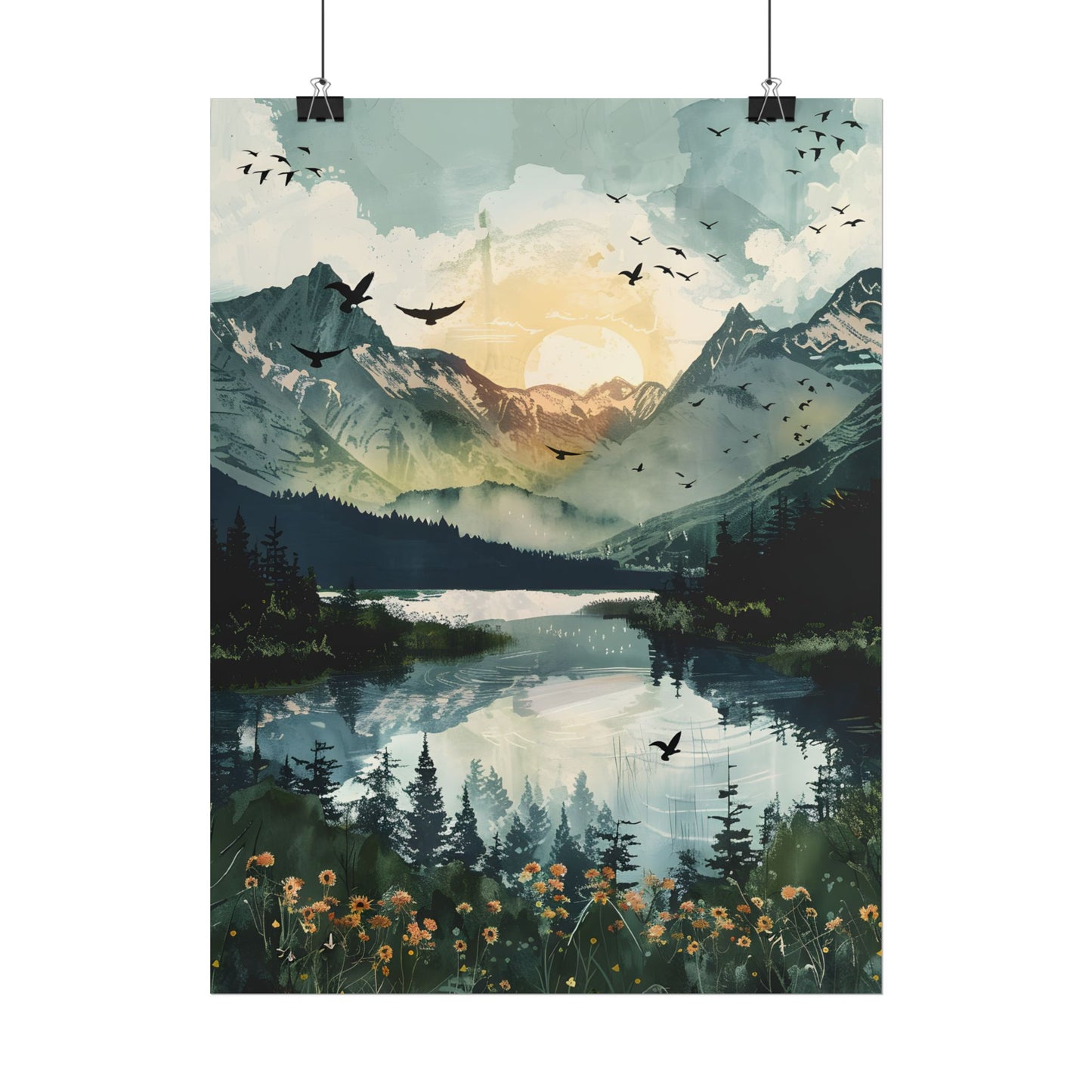 Serene Mountain Lake: Birds in Flight - Natural Art - Poster