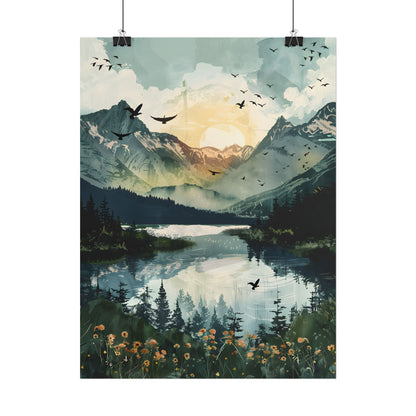 Serene Mountain Lake: Birds in Flight - Natural Art - Poster