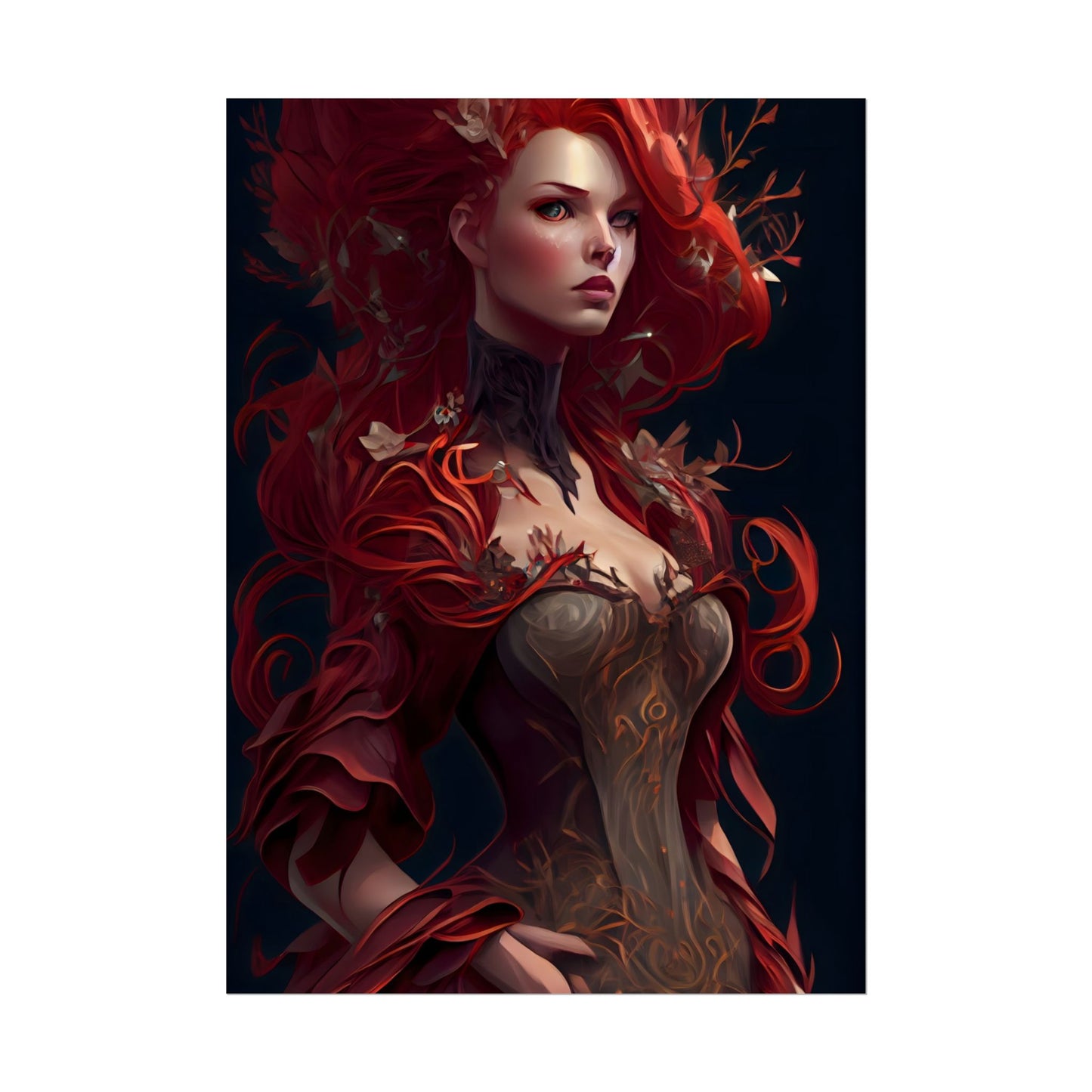 Red Hair Portrait: Elegant Female in Black Dress - Poster