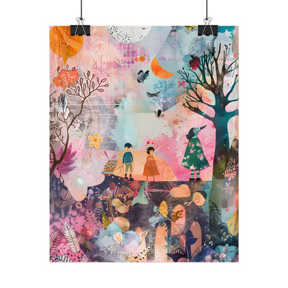 Colorful Whimsy: Blue Fish, Yellow Bird, Pink Cat Art Collage - Poster