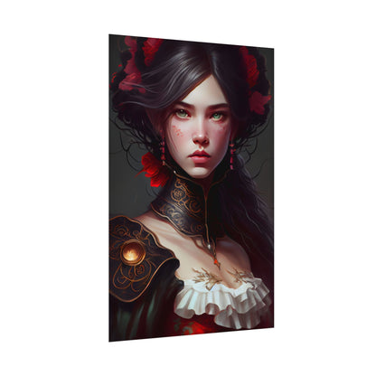 Elegant Black Hair Portrait in White Dress - Poster