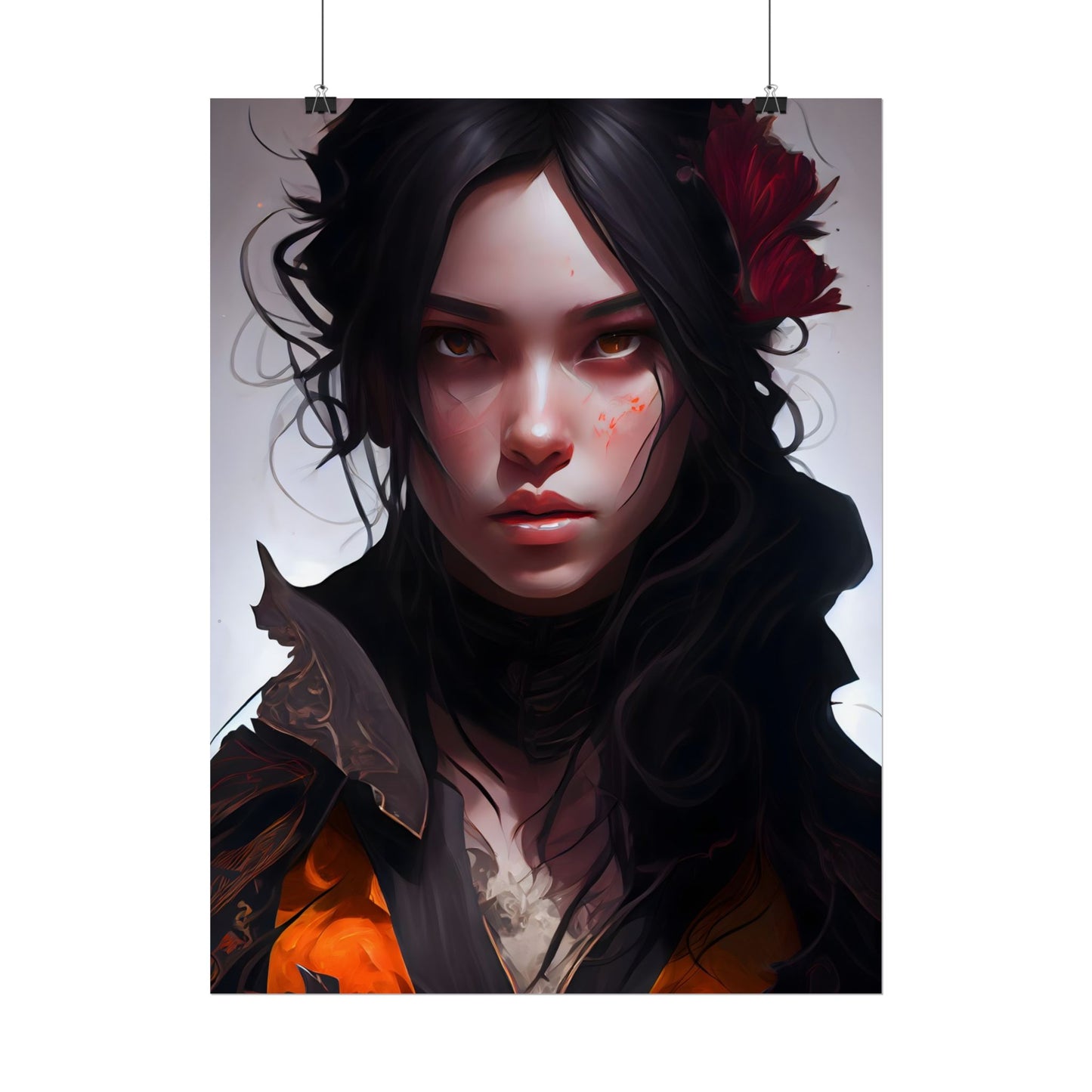Black Hair Female Portrait: Elegant Dress Artwork - Poster
