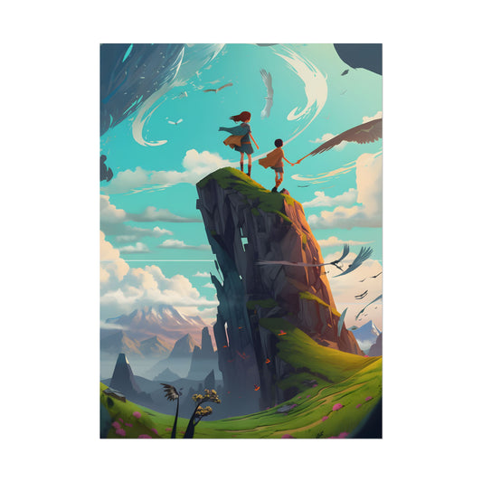 Girl and Boy in Cloudy Meadow: Outdoor Art Scene - Poster