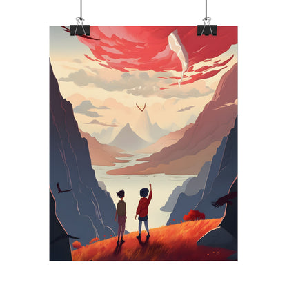 Serene Meadow Scene: Girl & Boy Under Cloudy Sky - Poster