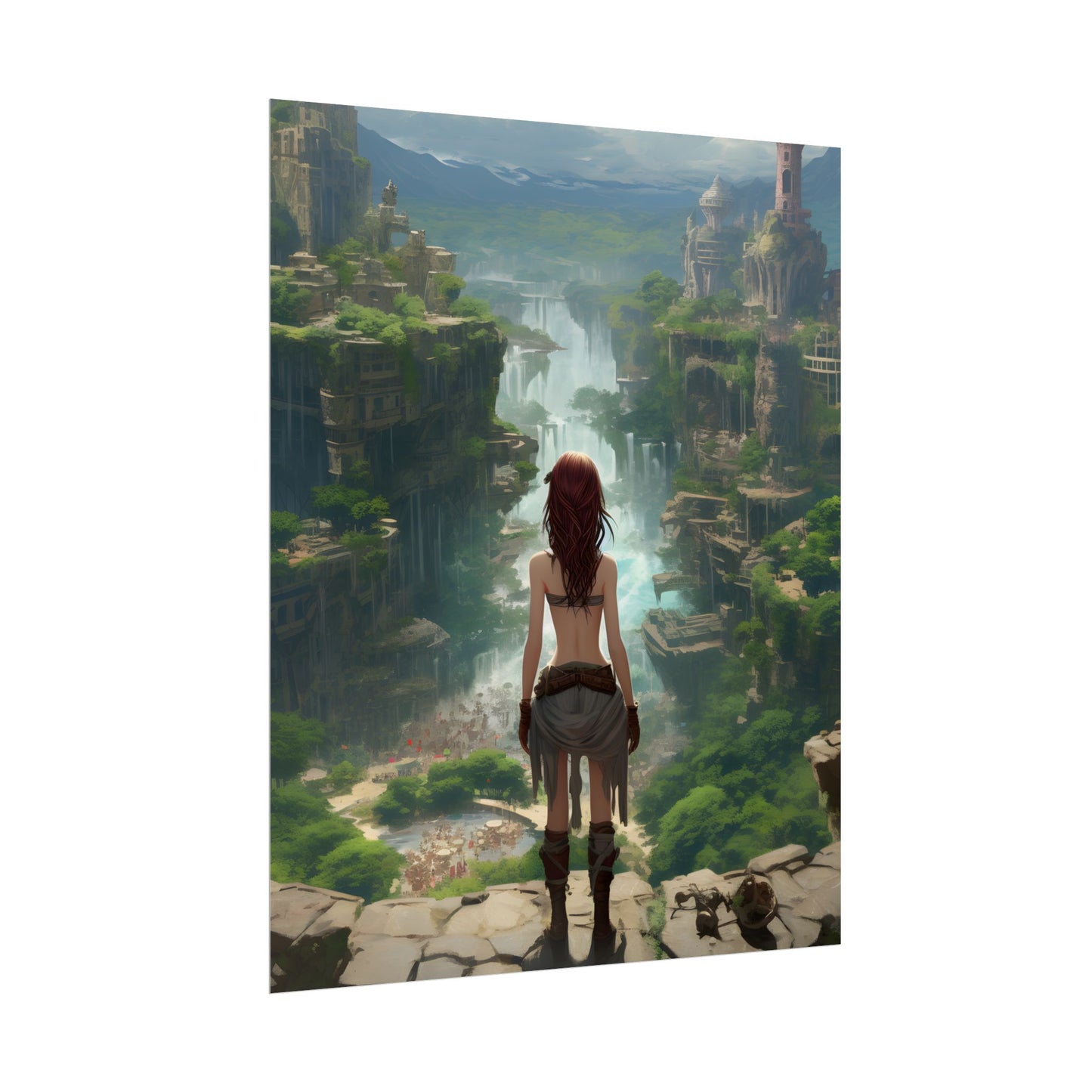 Dramatic Birds Eye View: Red Haired Anime Girl in Urban Landscape - Poster