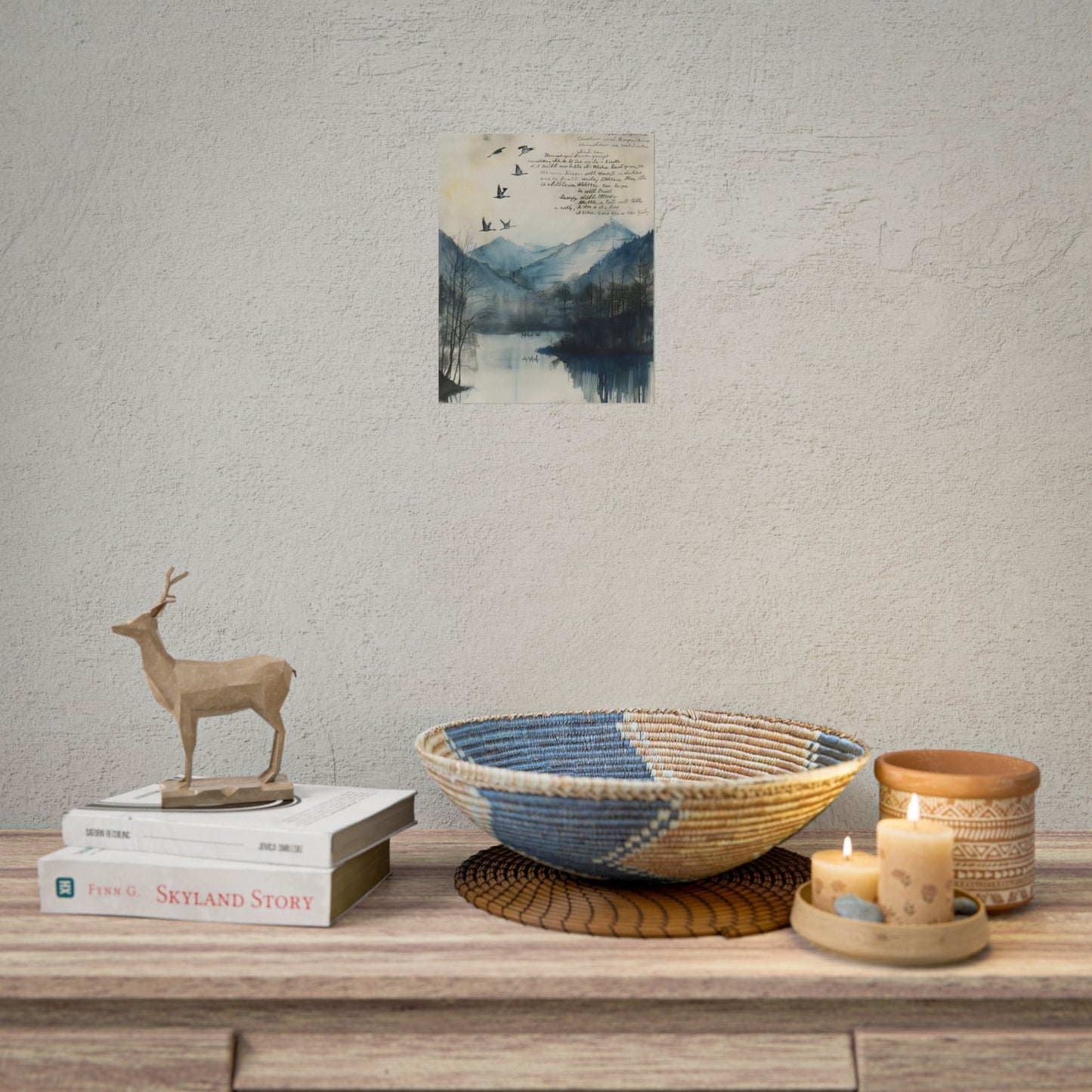 Nature's Serenity: Mountain Lake Birds in Flight Artwork - Poster