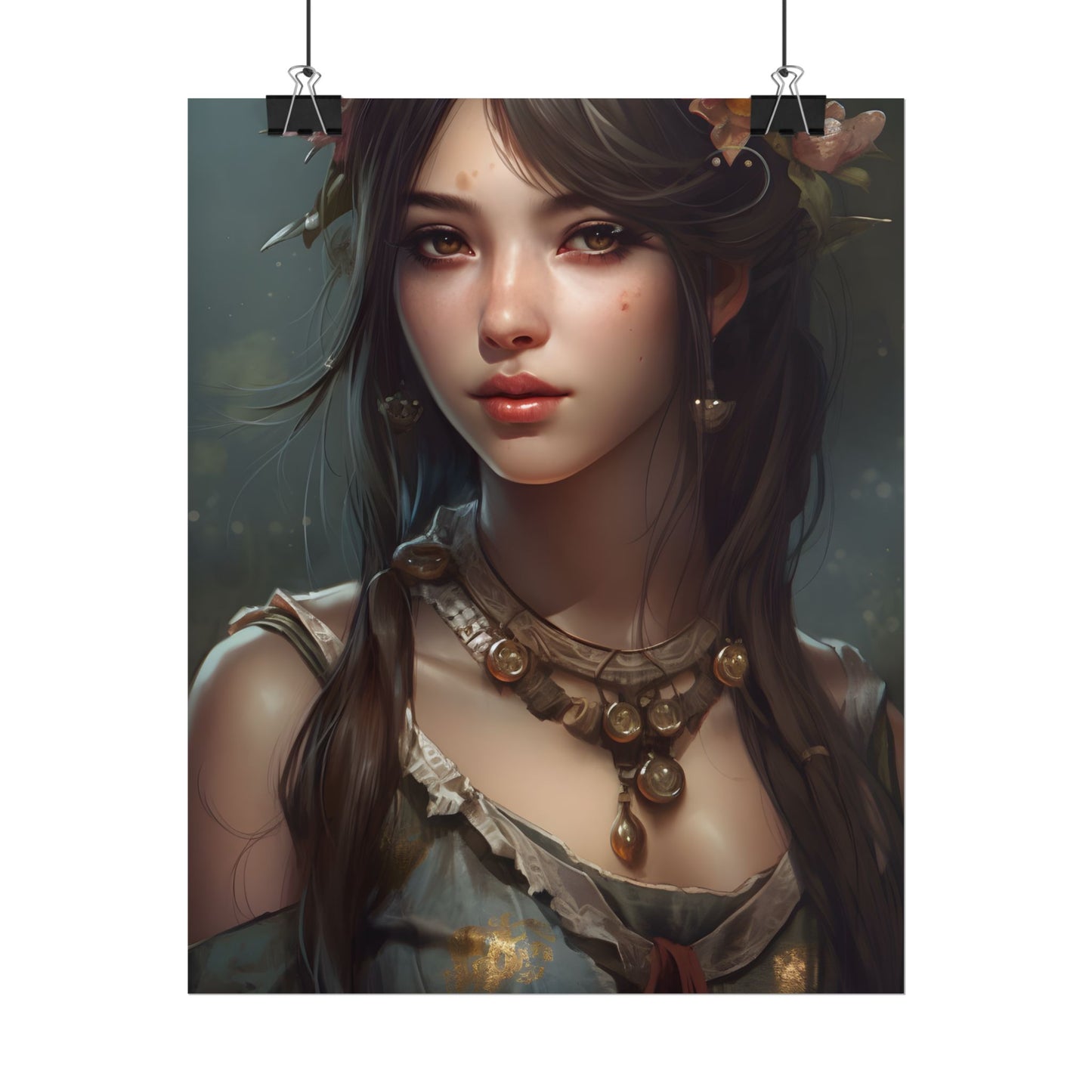 Realistic Female Portrait: Black Haired Beauty - Poster