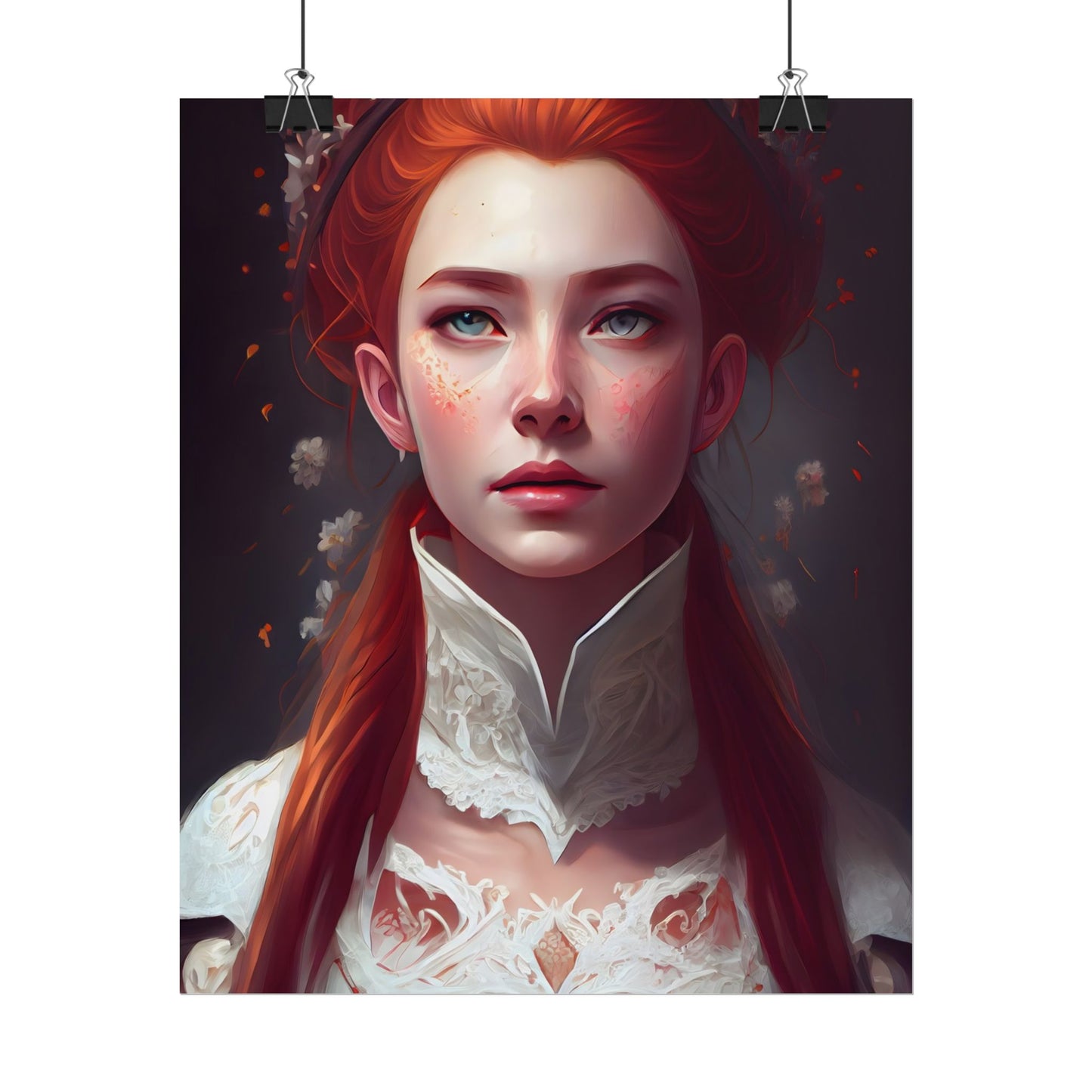 Soft Glow Redhead Portrait: Elegant Female Artwork in Dress - Poster